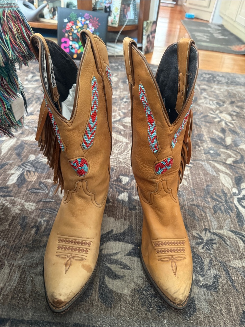 Fringe leather cowboy boots with beads/Native Made in US Size 7 1/2